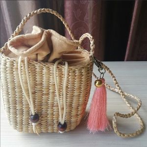 Bohemian Ratten Woven Straw Purse w/ Pink Tassel